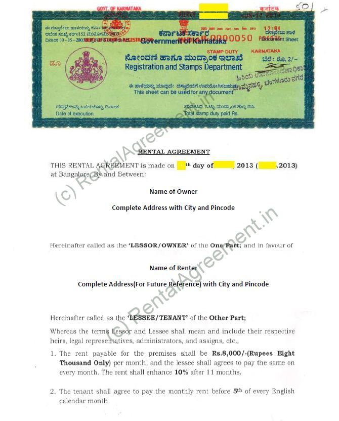 Rental Agreement Format and Sample Page 1